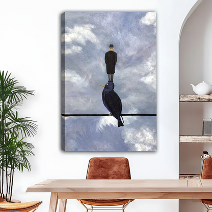 Surreal man on crow cloudy sky canvas art gallery wrap with image-wrapped edges in modern dining room