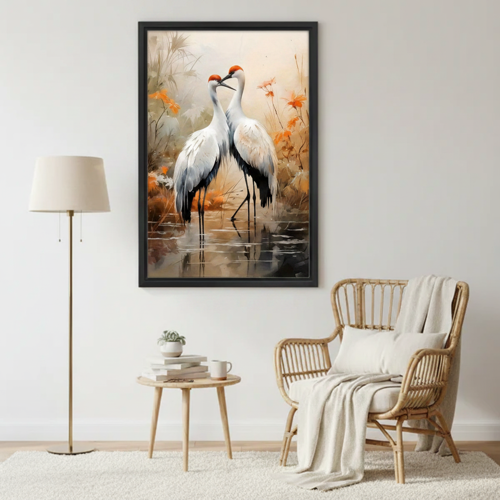 Japanese Crane Pair Watercolor Canvas Wall Art - Zen Crane Illustration for Living Room Wall