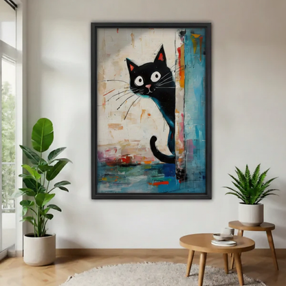 Peeking black cat abstract wall art framed canvas print — playful cat peeking from edge with colorful brushstroke background