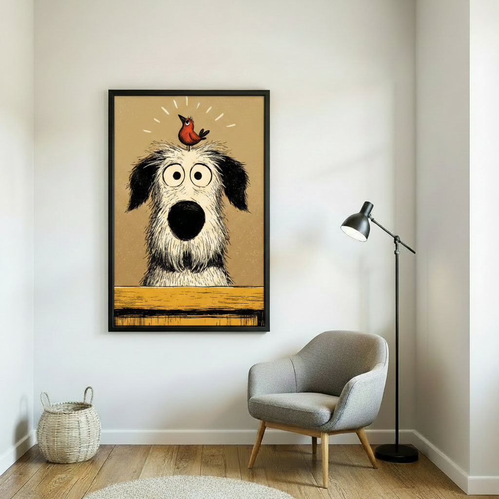 Cute dog and bird wall art canvas displayed in living room — humorous animal home decor