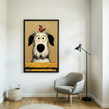 Cute dog and bird wall art canvas displayed in living room — humorous animal home decor