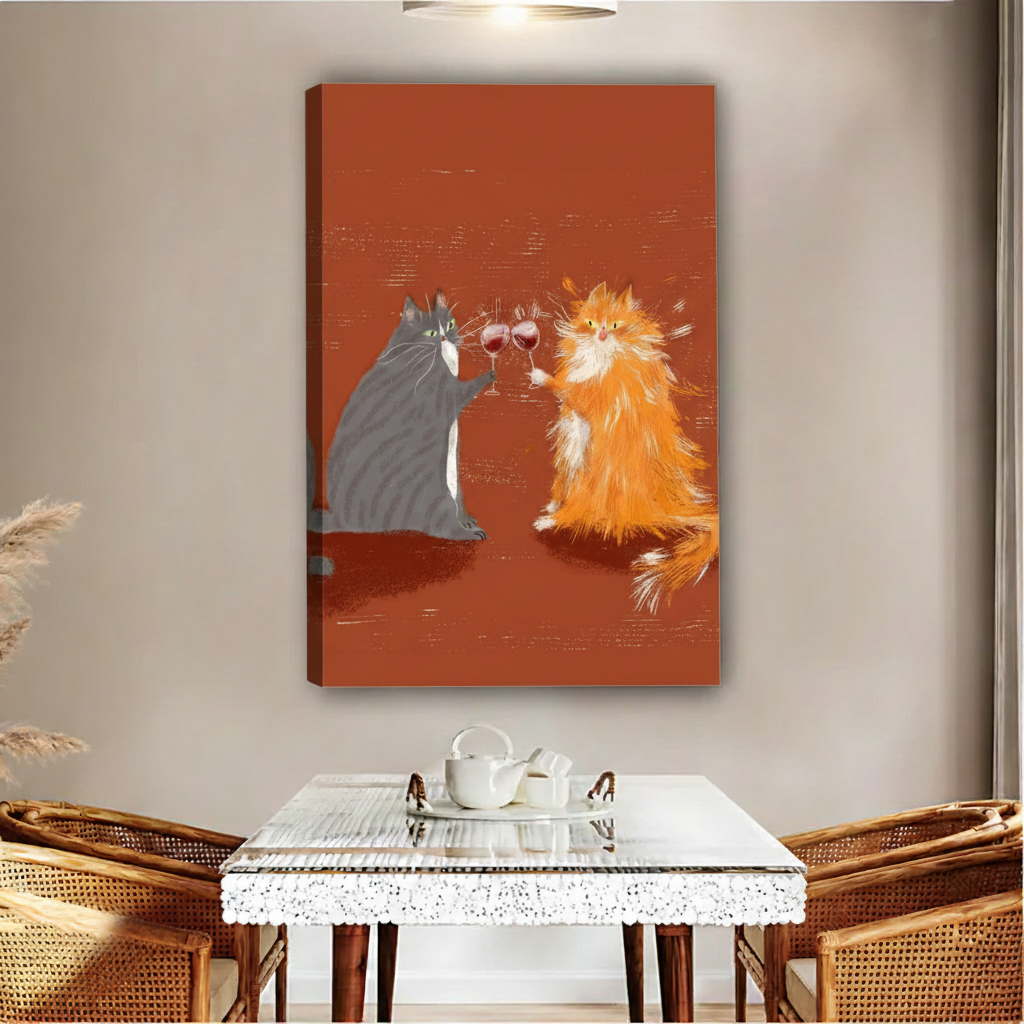 Gray and orange cats cheers wine retro terracotta gallery wrap canvas, warm cat lover home decor