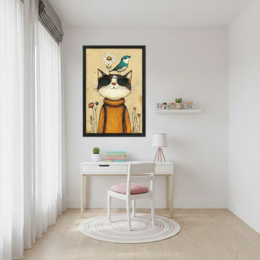 Retro cool cat framed canvas wall art in boho home interior, vintage illustration print with bird and daisy