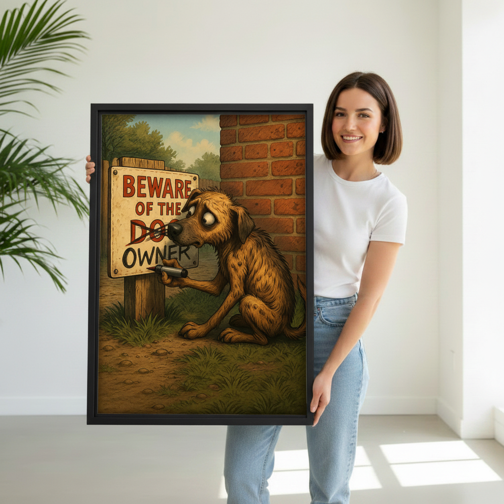 Woman holding funny dog beware of owner humorous vintage cartoon framed canvas wall art print showing size