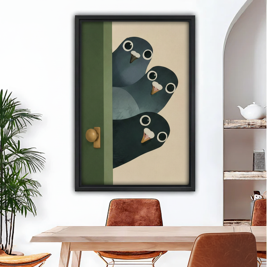 Three pigeons peeking green door flat illustration framed canvas wall art – black frame above modern dining table