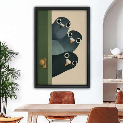Three pigeons peeking green door flat illustration framed canvas wall art – black frame above modern dining table