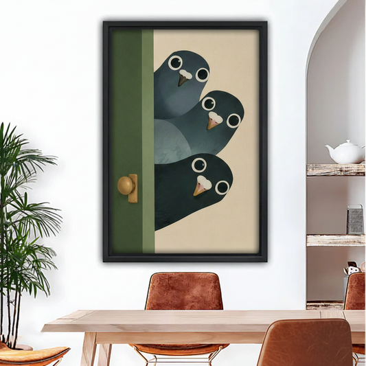 Three pigeons peeking green door flat illustration framed canvas wall art – black frame above modern dining table