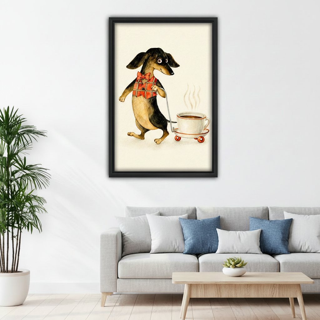 Funny dachshund pulling coffee cup watercolor canvas wall art above sofa in living room, cute dog lover home decor