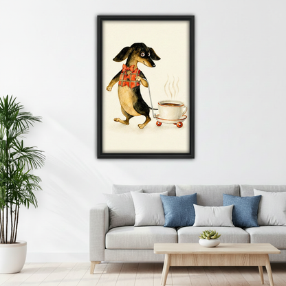 Funny dachshund pulling coffee cup watercolor canvas wall art above sofa in living room, cute dog lover home decor