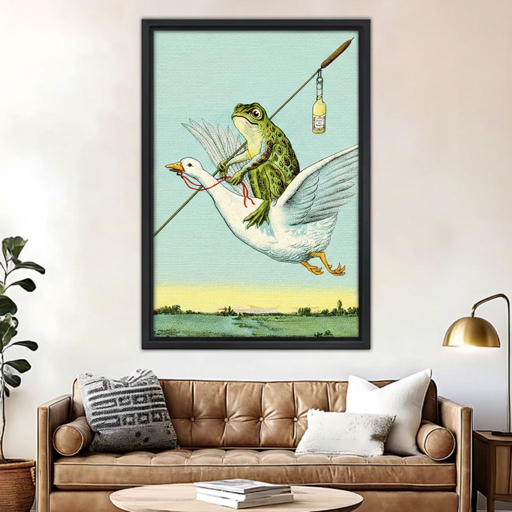 Whimsical frog on goose canvas wall art in modern living room – vintage illustration print