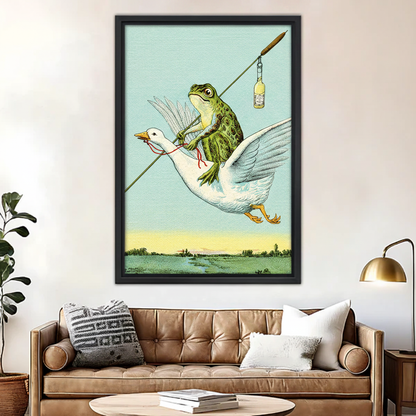 Whimsical frog on goose canvas wall art in modern living room – vintage illustration print