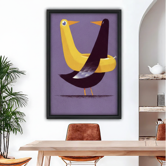 Mid-century modern bird framed canvas wall art in purple and yellow hanging above dining table