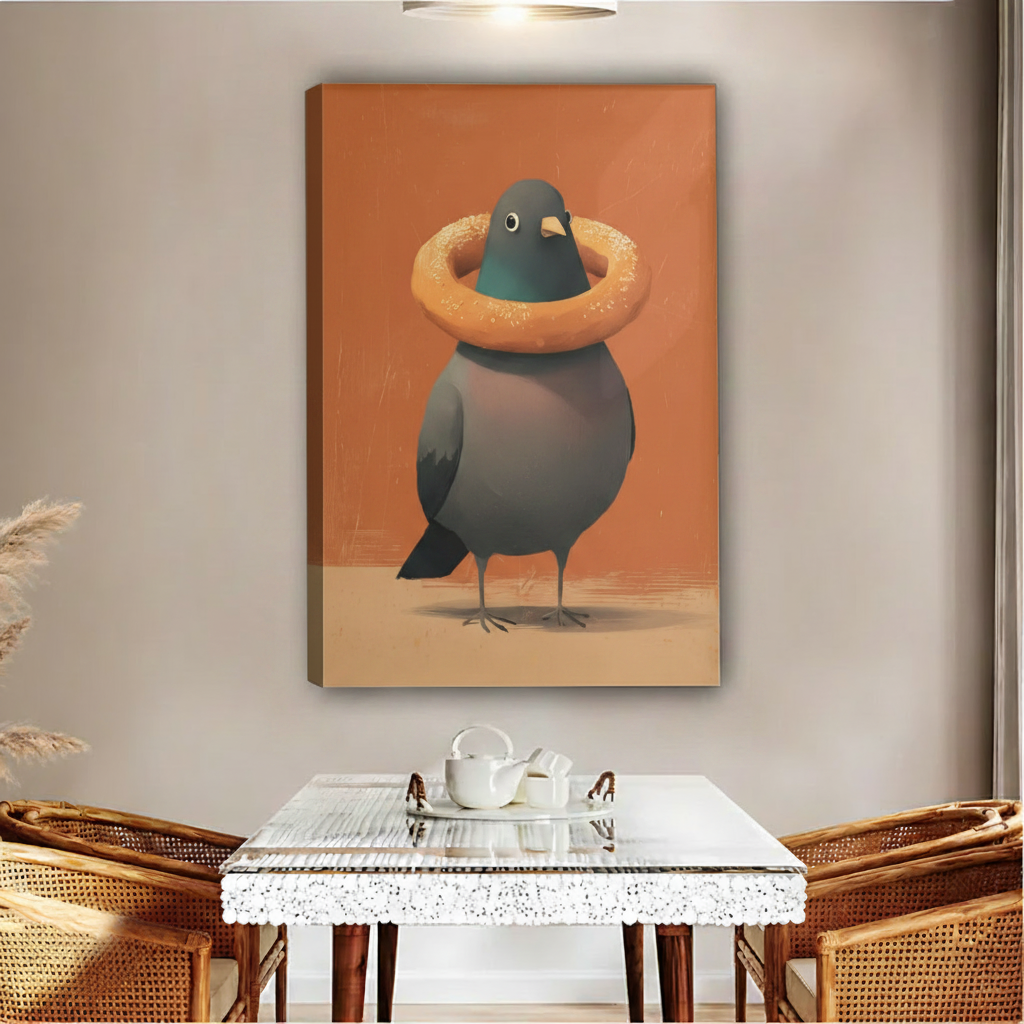 Pigeon wearing bagel gallery wrap canvas – vintage oil painting style frameless wall art in boho dining room