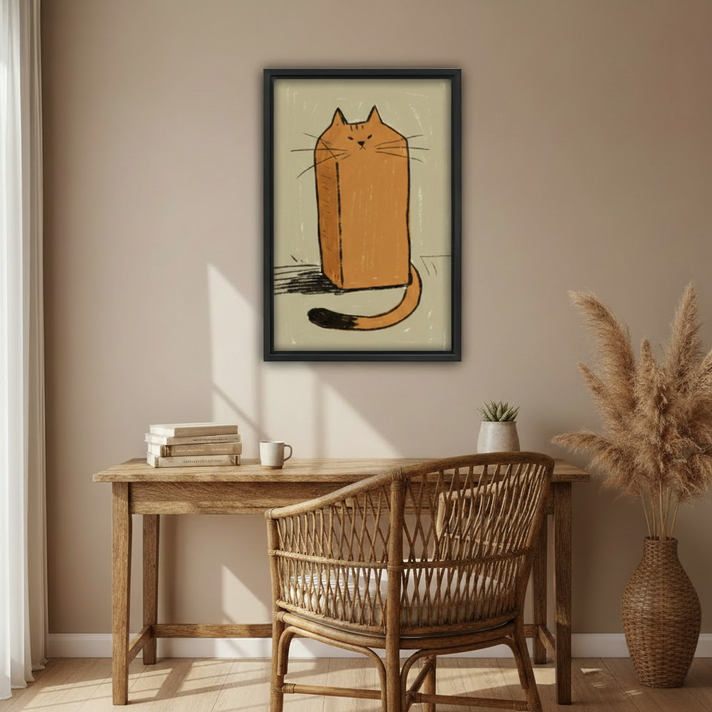 Framed orange loaf cat illustration canvas wall art print in living room with spotlight