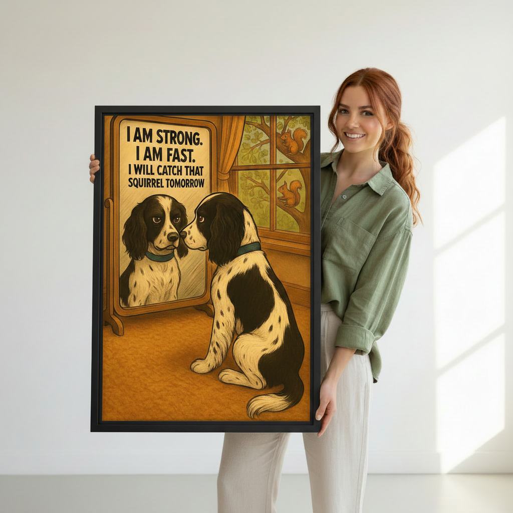Woman holding large funny dog mirror motivational quote framed canvas print — hilarious dog wall art gift for dog lovers