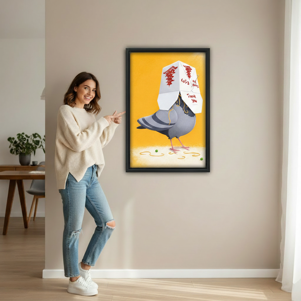 Humorous street art canvas print of pigeon wearing takeout box, bold yellow pop art style