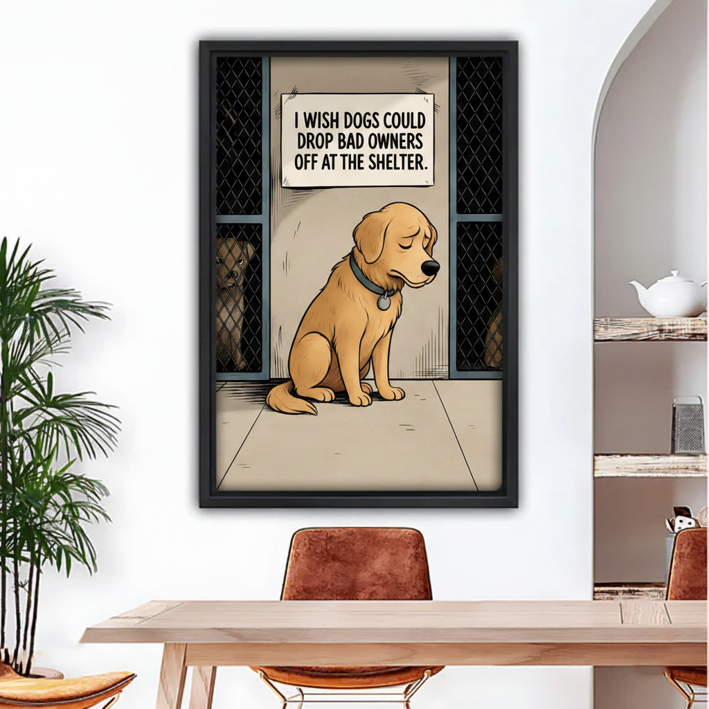 Funny dog shelter wall art print in black frame, humorous comic golden retriever, above dining table scene