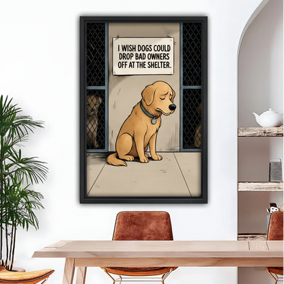 Funny dog shelter wall art print in black frame, humorous comic golden retriever, above dining table scene