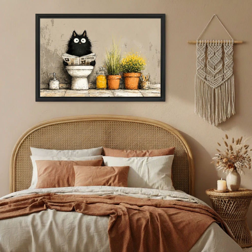 Black cat toilet humor canvas print above desk – whimsical wall art Liberty Signs
