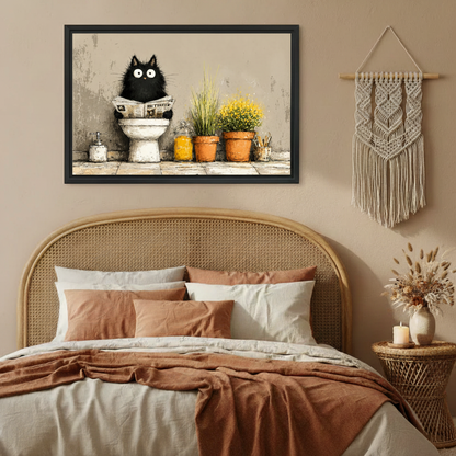 Black cat toilet humor canvas print above desk – whimsical wall art Liberty Signs