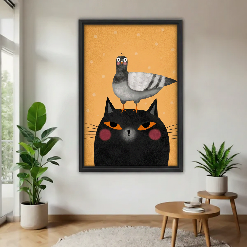 Funny black cat pigeon head framed canvas wall art print in black frame — whimsical humorous cat home decor