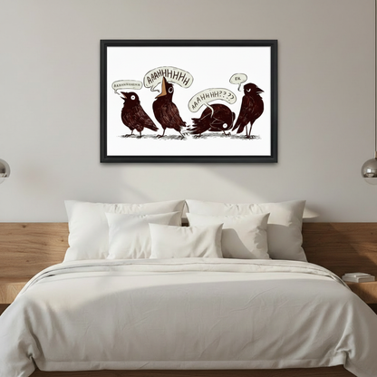 Funny bird wall art framed canvas, unique gift idea for home office