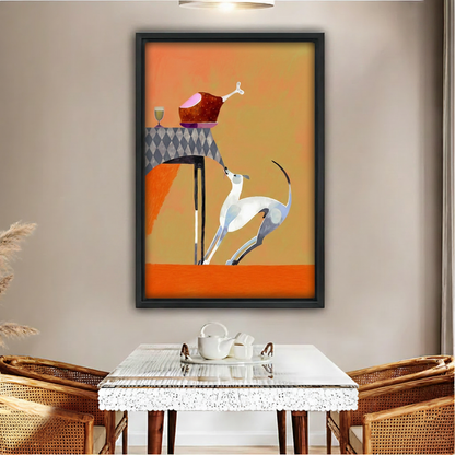 Whimsical greyhound dog canvas wall art print – orange dining room decor
