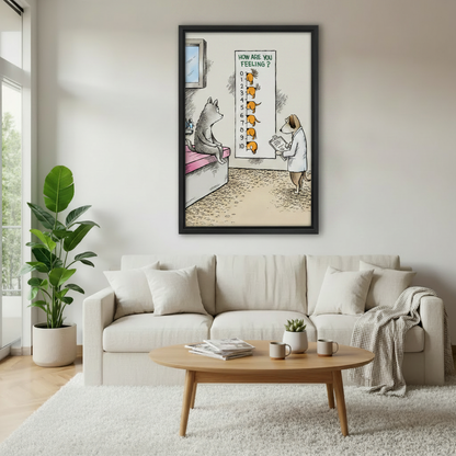Funny dog doctor and cat patient cartoon canvas wall art in black frame in cozy bedroom — humorous animal pain scale illustration