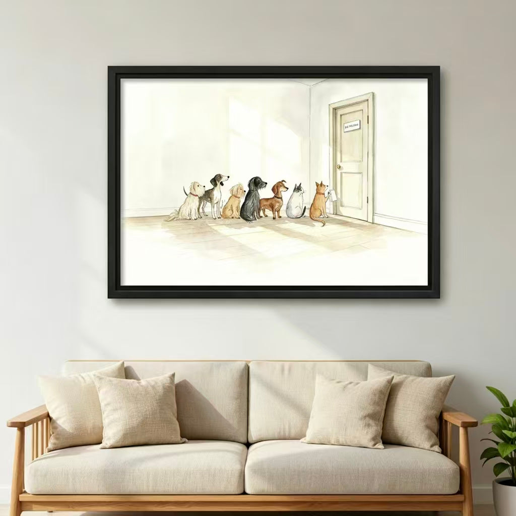 Framed funny pet illustration wall art, unique dog and cat gift idea for living room