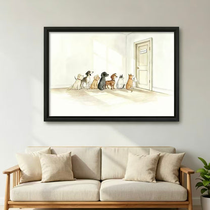 Framed funny pet illustration wall art, unique dog and cat gift idea for living room