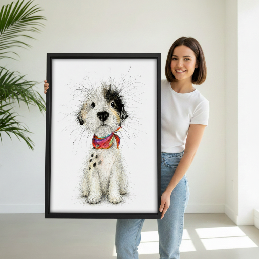 Fluffy scruffy dog with colorful bandana framed canvas hanging in dining room, adorable puppy sketch wall art, perfect dog lover gift idea