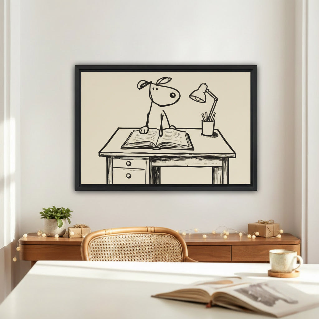 Cute dog at desk with lamp line art wall print in black frame above wooden console table with rattan chair and fairy lights