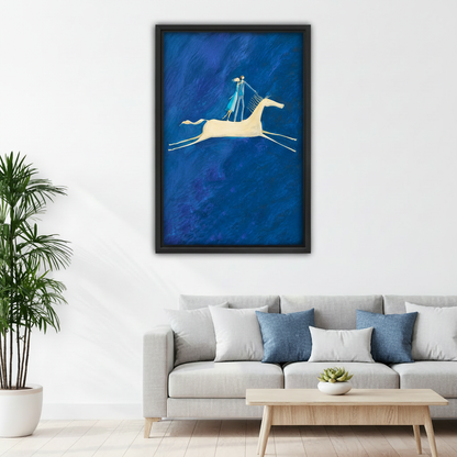 Romantic blue horse couple canvas wall art print displayed above bed in cozy modern bedroom