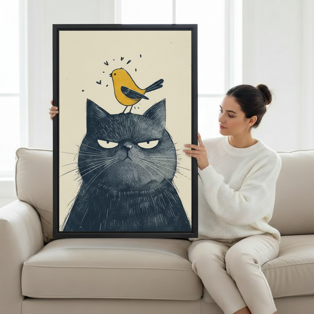 Grumpy Cat & Bird Funny Wall Art Print l2005