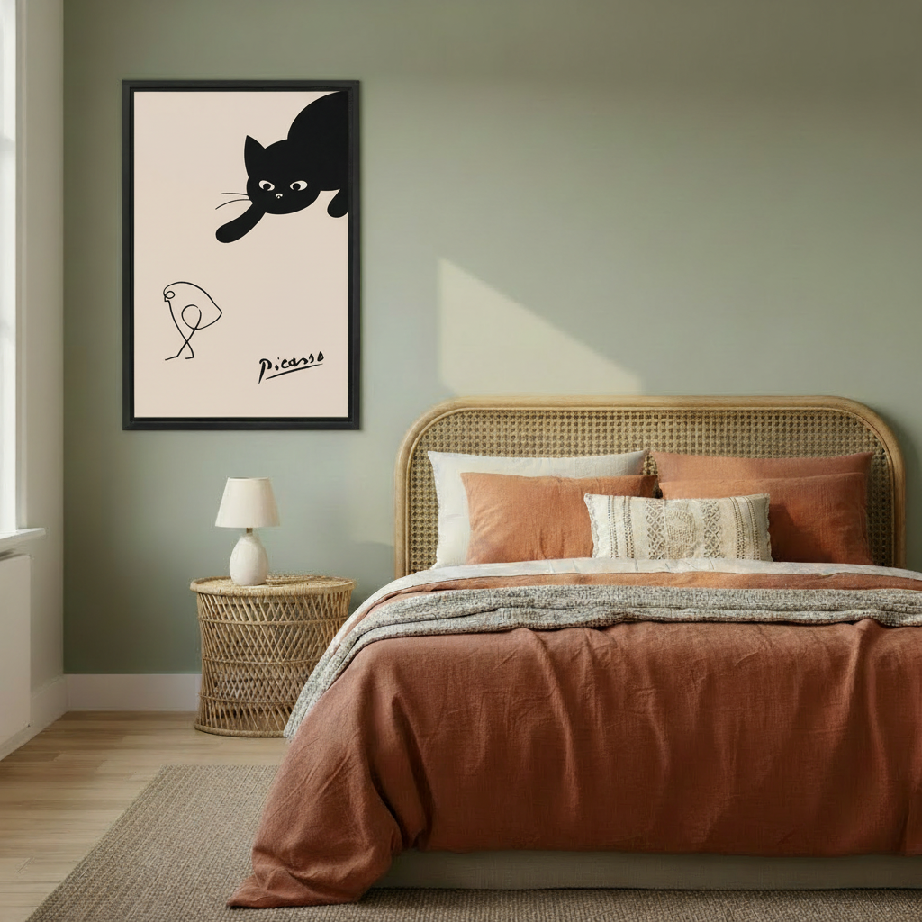 Picasso bird black cat minimalist framed canvas hanging in bright modern living room with plants — elegant line art wall decor