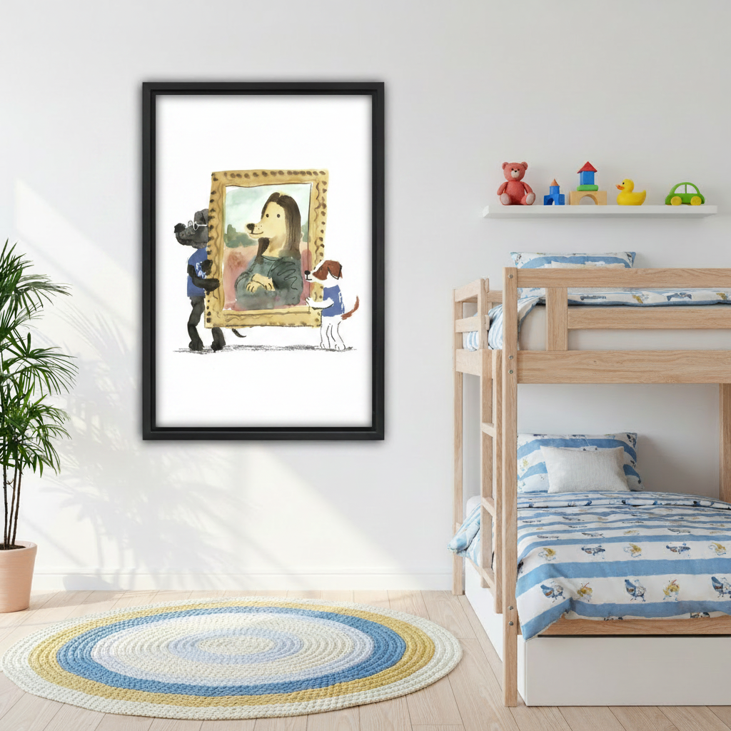 Humorous dog Mona Lisa framed canvas wall art in bedroom, whimsical museum parody print with dogs in blue shirts, fun dog lover decor