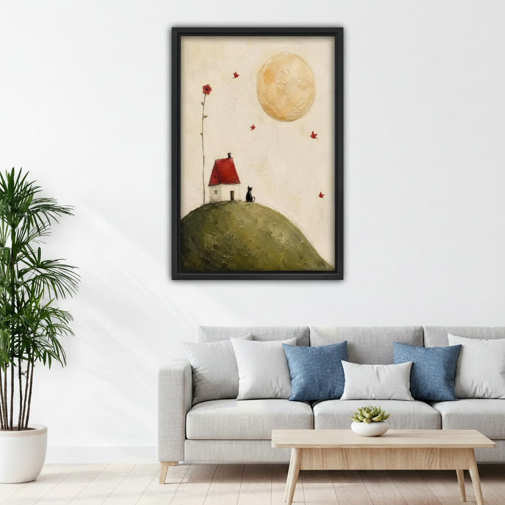 Whimsical black cat moon framed canvas wall art, folk art print with red-roof cottage on green hill under golden moon for living room