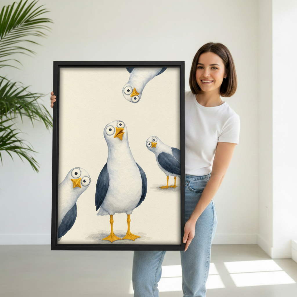 Bold cartoon seagull wall art in black frame