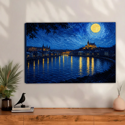 Starry night landscape wall art print — Van Gogh-style oil painting of illuminated city and river for modern home decor