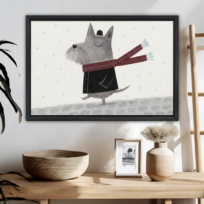Whimsical winter dog scarf canvas wall art, Scottish Terrier illustration print