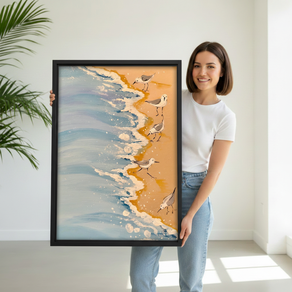Woman holding large framed sandpiper shorebirds on sandy beach with ocean waves wall art print, black frame, warm golden sand coastal oil painting style, showing actual print size in a bright modern studio