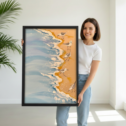 Woman holding large framed sandpiper shorebirds on sandy beach with ocean waves wall art print, black frame, warm golden sand coastal oil painting style, showing actual print size in a bright modern studio