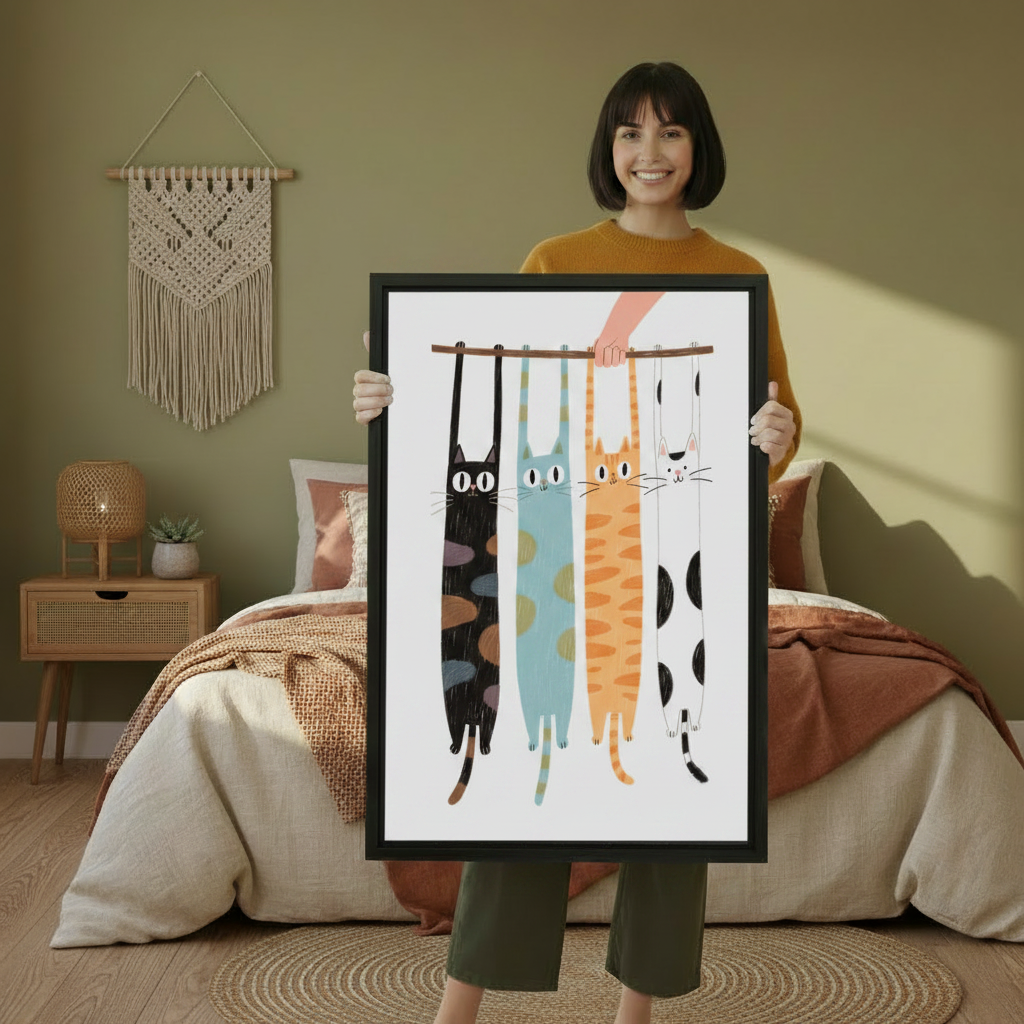 Woman holding large framed four cats hanging from stick funny illustration wall art print in black frame showing actual print size in olive green boho bedroom with macrame wall hanging
