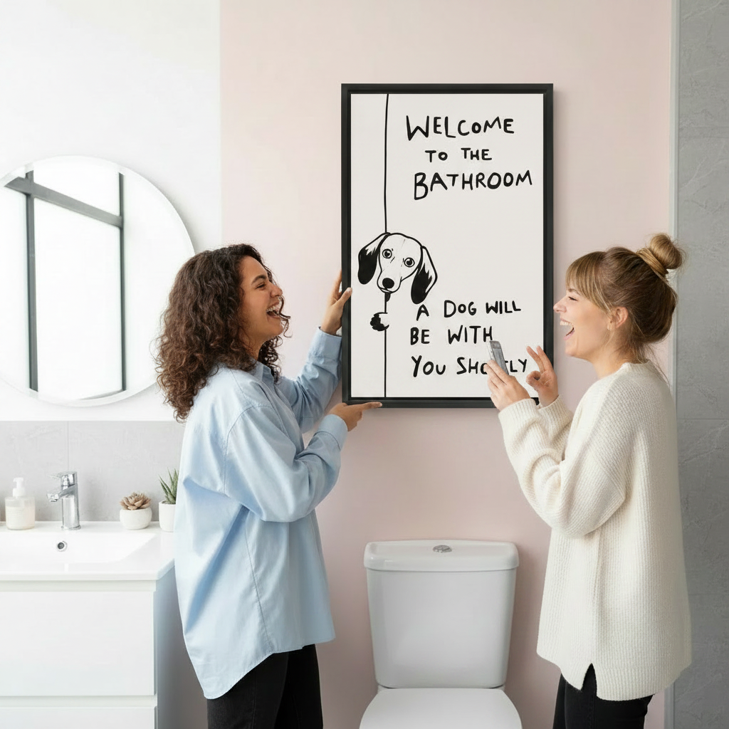 Two women hanging funny dachshund bathroom art print, "A Dog Will Be With You Shortly" quote canvas, black framed wall art gift for dog lovers