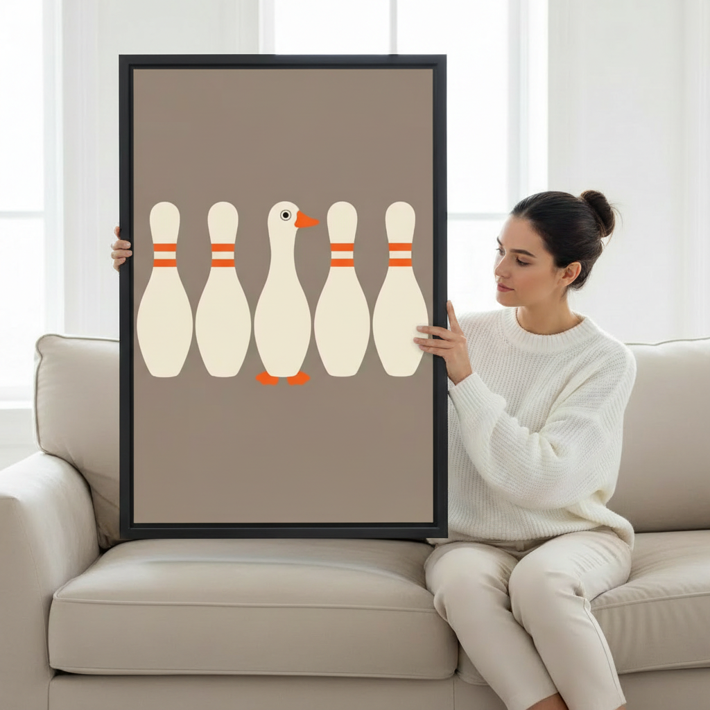 Whimsical duck hiding among bowling pins mid-century float frame canvas wall art beside blue grey bed with wooden stool and wicker basket in nature-inspired bedroom