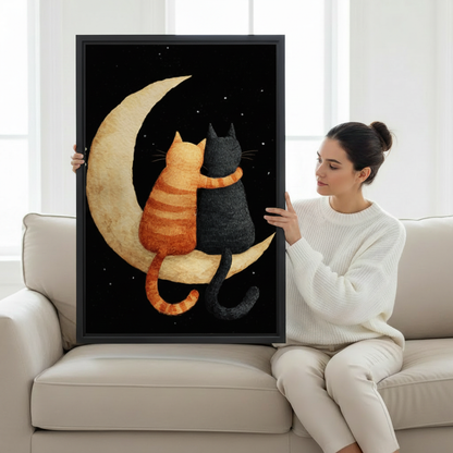 Woman holding large framed orange and black cat hugging on golden moon wall art print showing actual print size on cream sofa in bright living room