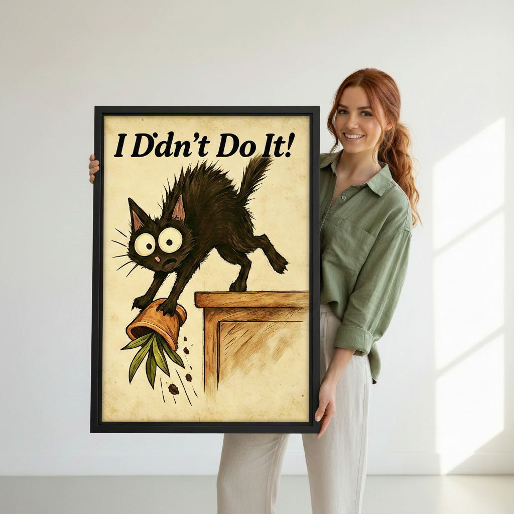 Woman holding large framed black cat art print, funny "I Didn't Do It" guilty cat with plant pot, premium black frame canvas wall art gift for cat lovers

