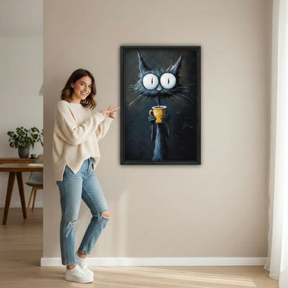 Woman pointing at big-eyed black cat yellow coffee cup dark oil painting wall art print in black frame showing actual print size on beige wall in bright minimalist entryway with wooden desk and green plant