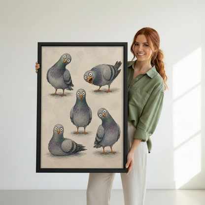 Woman holding large framed funny pigeons five poses wall art print, black frame, whimsical vintage illustration on beige background, showing actual print size