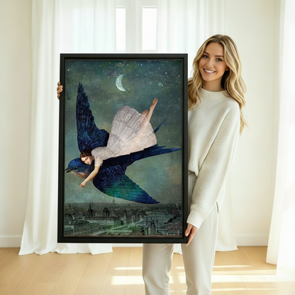 Magical bluebird flight wall art print — surreal night scene with woman and crescent moon over cityscape